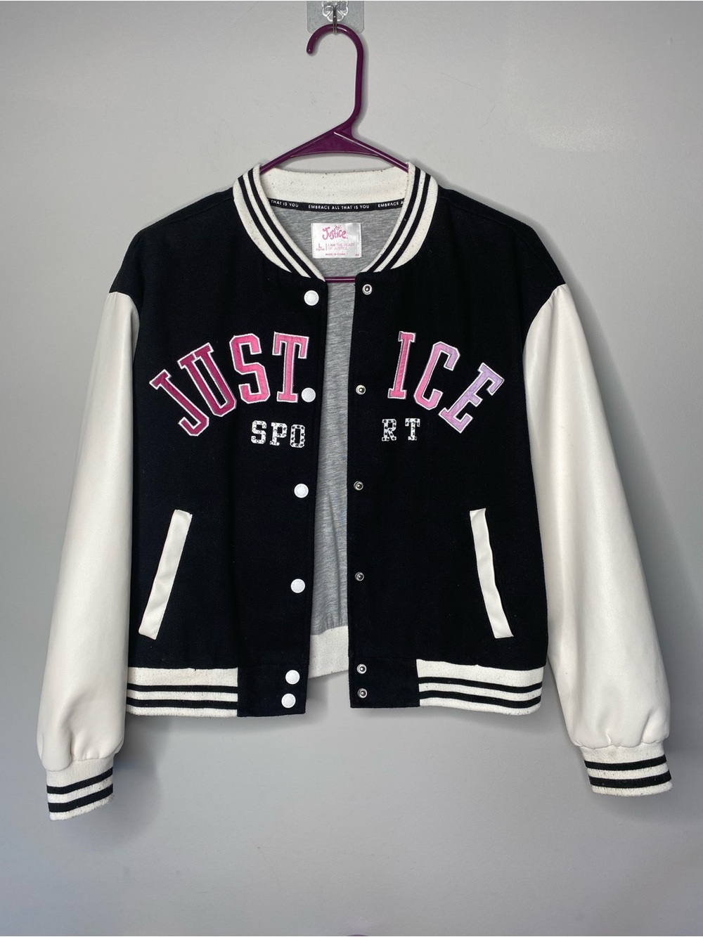 Justice Black & White Varsity Jacket with Pink Lettering